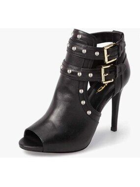 XYD Black Studs Peep Toe High Heels Buckled Double Straps Cutout Ankle Bootie